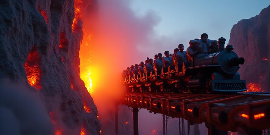 Rollercoaster Extreme Fire pędzący obok buchającego parą wulkanu