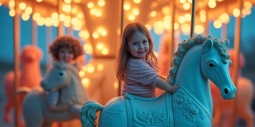 Kolorowa karuzela z rzeźbionymi konikami morskimi i żółwiami